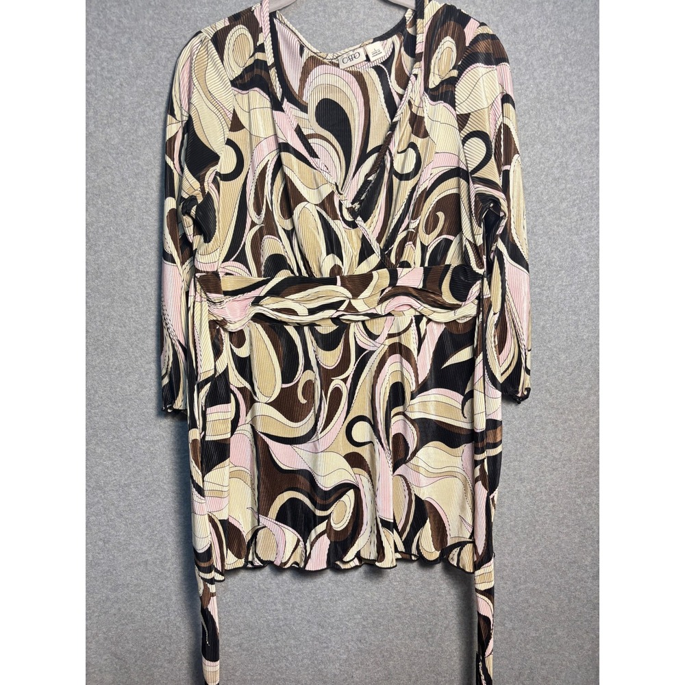 Cato Abstract Swirl‎ Wrap Top Brown Pink Y2K Stretch Blouse Large Disco